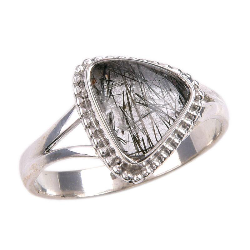 Natürlicher schwarzer Rutil-Edelstein, 925er Sterling-Silber, Schmuckring S.9,5 F8R11