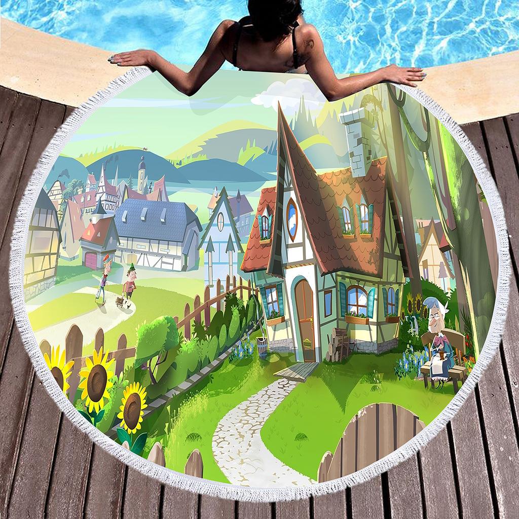 Round Beach Towel,Cartoon Fairy Tale Hedge House Sand Resistant Shawl Beach Blanket,Absorbent Quick Dry Pool Towel Picnic Mat