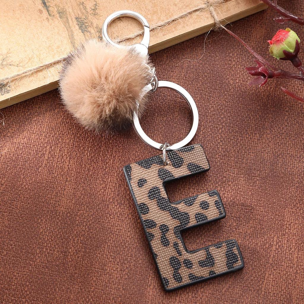 Western Cowboy Leopard Print Leather Keychain with Acrylic Letter and Plush Ball Accessories