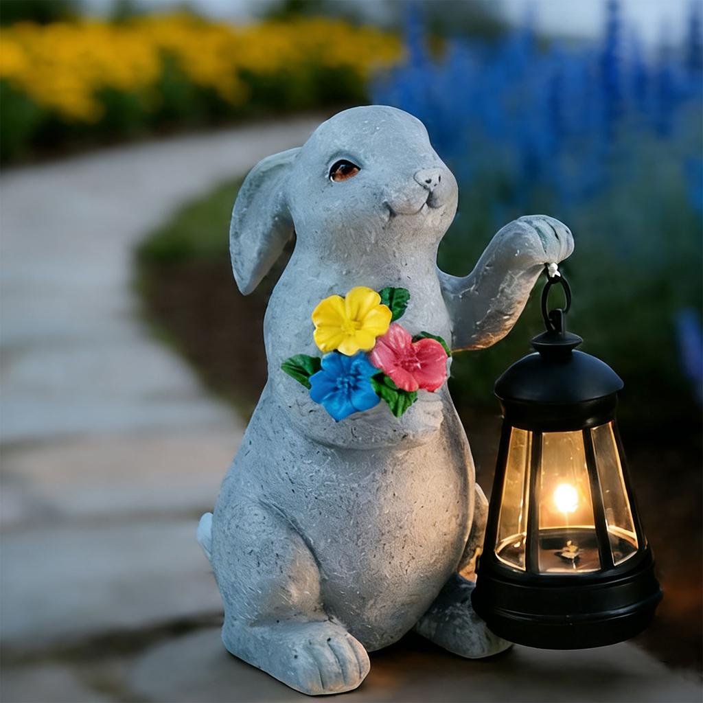 Adorable Rabbit Sun Lamp Sustainable Resin Statue Great For Lawn Tabletop Holiday Season Gift Choice