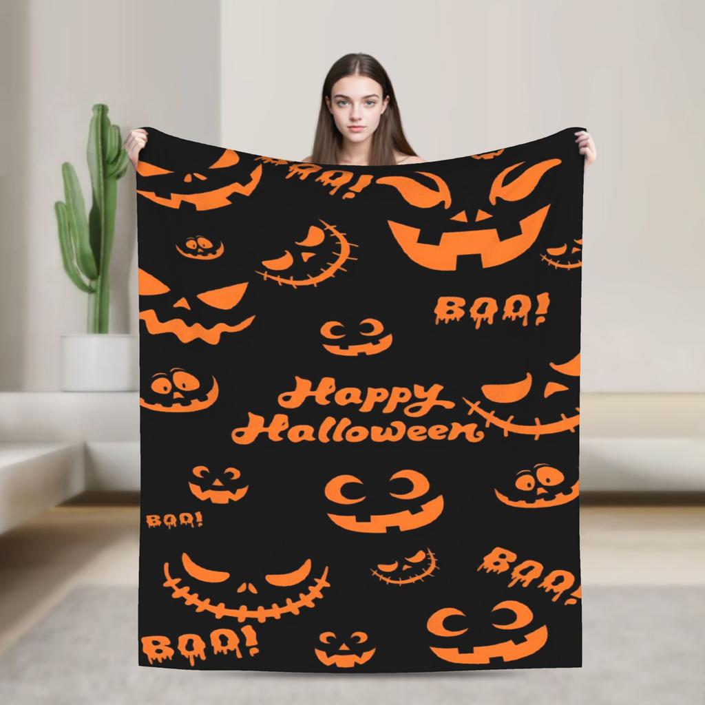 halloween Spiders Web Bats Pumpkins Spooky Blanket Flannel Cozy Super Soft Throw Blankets for Bedding Rug Piece