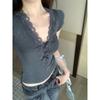 Women Grey Ribbed Lace Trim Bow V Neck Short Sleeve Cropped Top