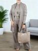 Spring and Autumn European and American Women's Clothing Solid Color Crew Neck Long Sleeve Long Pants Medium and Long Jacket Three-piece Set