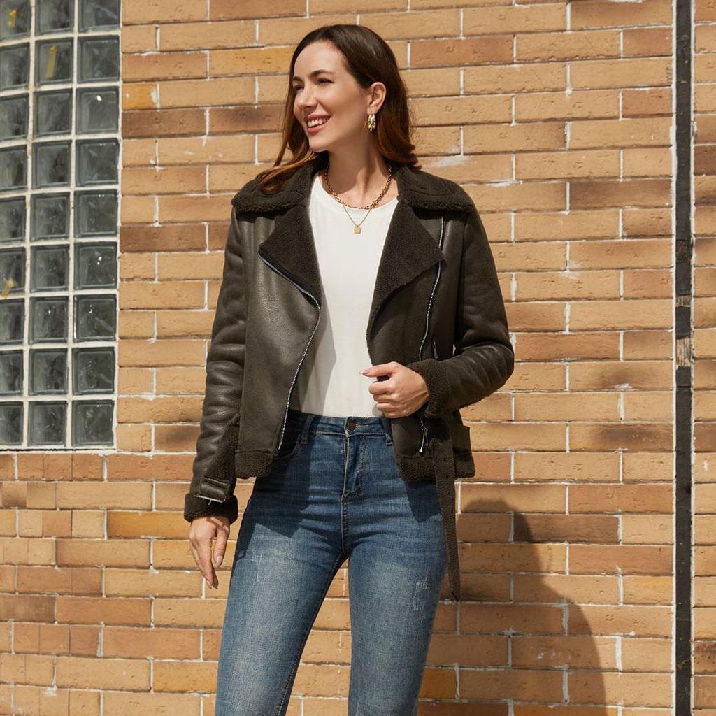 Fall Winter Women Lapel Collar Long Sleeve Slim Fit Zipper Pu Leather Jacket