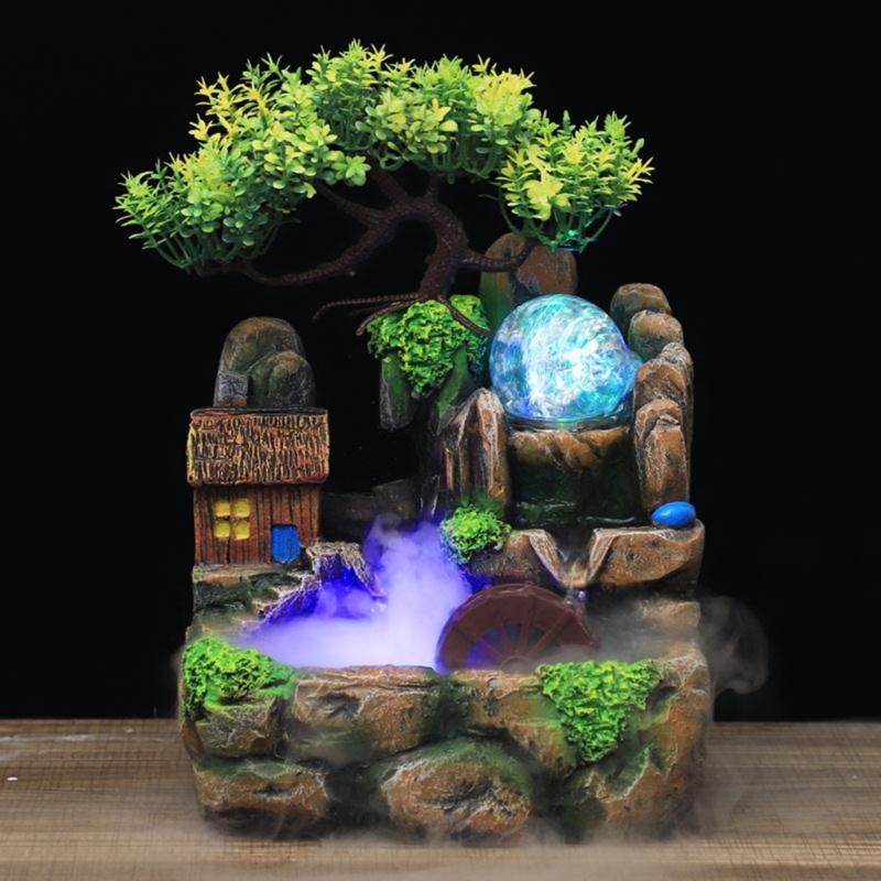 Indoor Resins Rockery Waterfall Fountains with Atomizer and LED Lighting Great for Home and Office Desktop Decoration