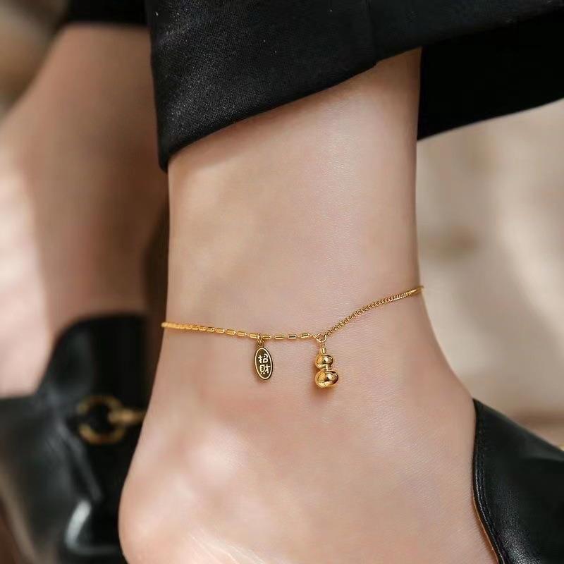 Trendy Double Layer Titanium Steel Love Heart Anklet Gold Versatile Foot Jewelry Set