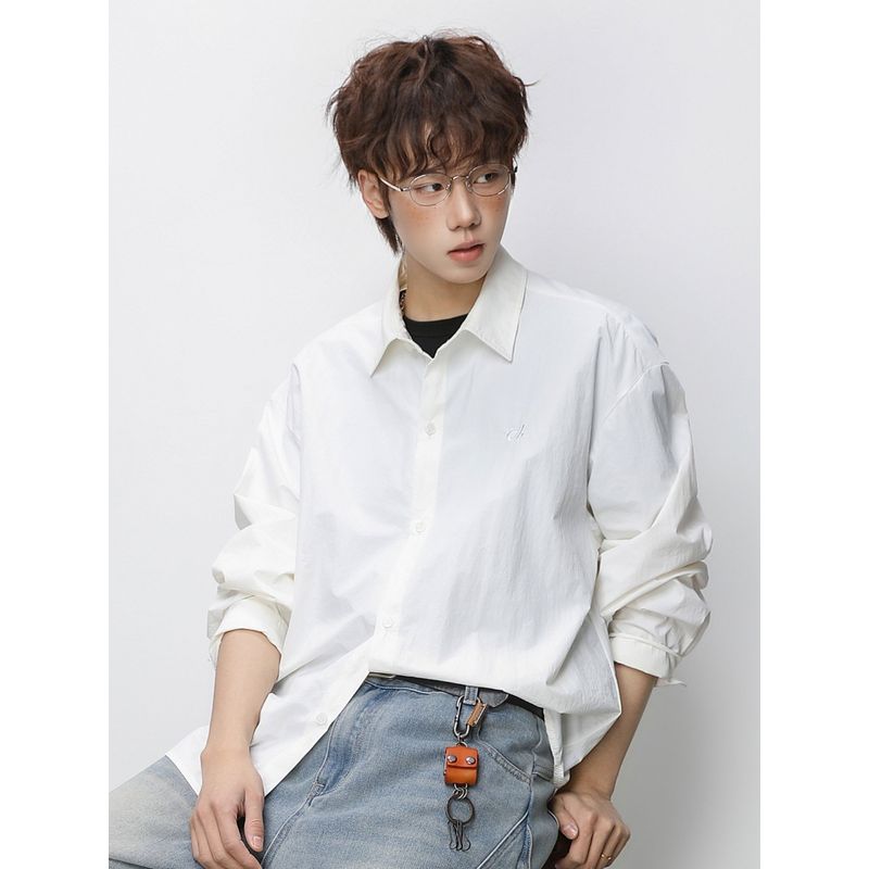 Wassup Japanese Style Youth Workwear Shirt for Men, Autumn Solid Color Loose Long-Sleeve Shirt, Casual Versatile Jacket for Women