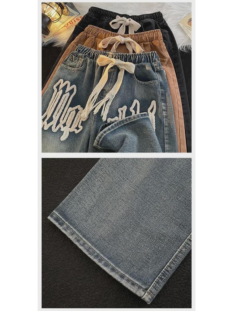 Męskie modne dżinsy proste na każdą porę roku z haftem