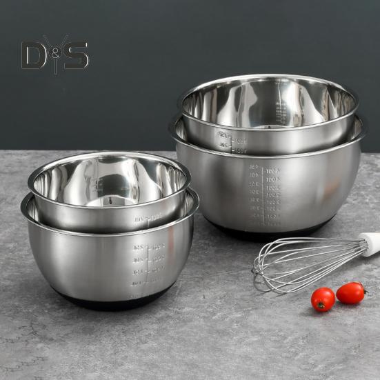 Tigela de salada de aço inoxidável com marca de escala, superfície polida, livre de BPA, fácil de limpar, lavável na máquina de lavar louça, tigela de mistura multifuncional