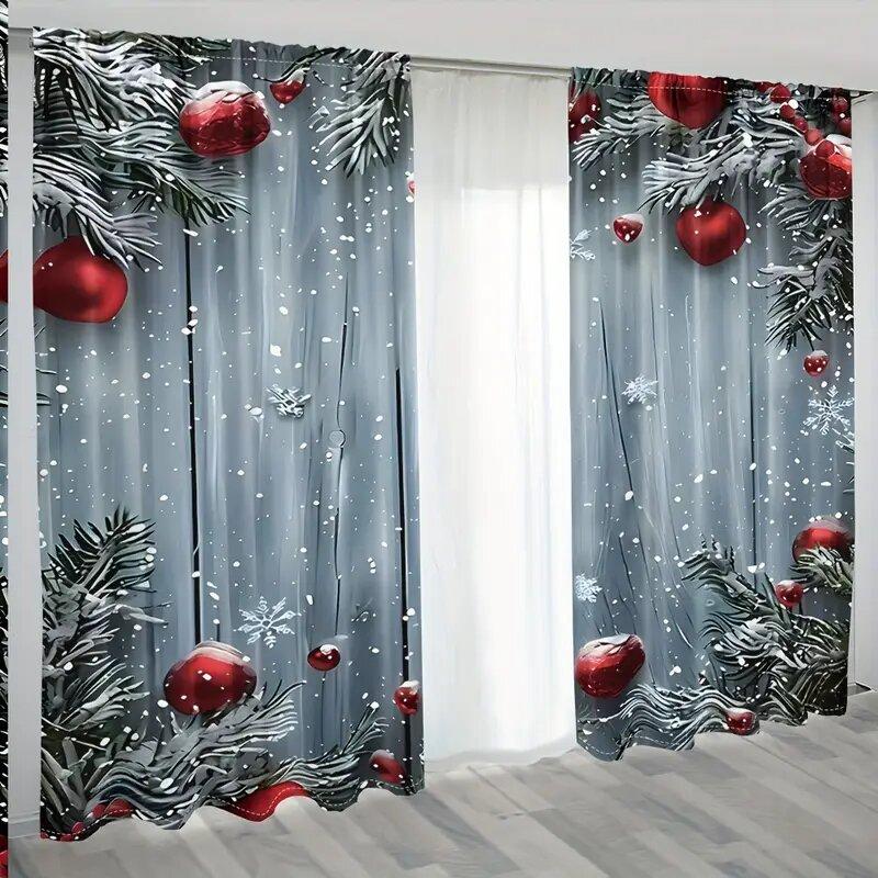 Set Of 2 Christmas Decorative Pattern Printed Curtains Window Decorations Home Room Made Polyester