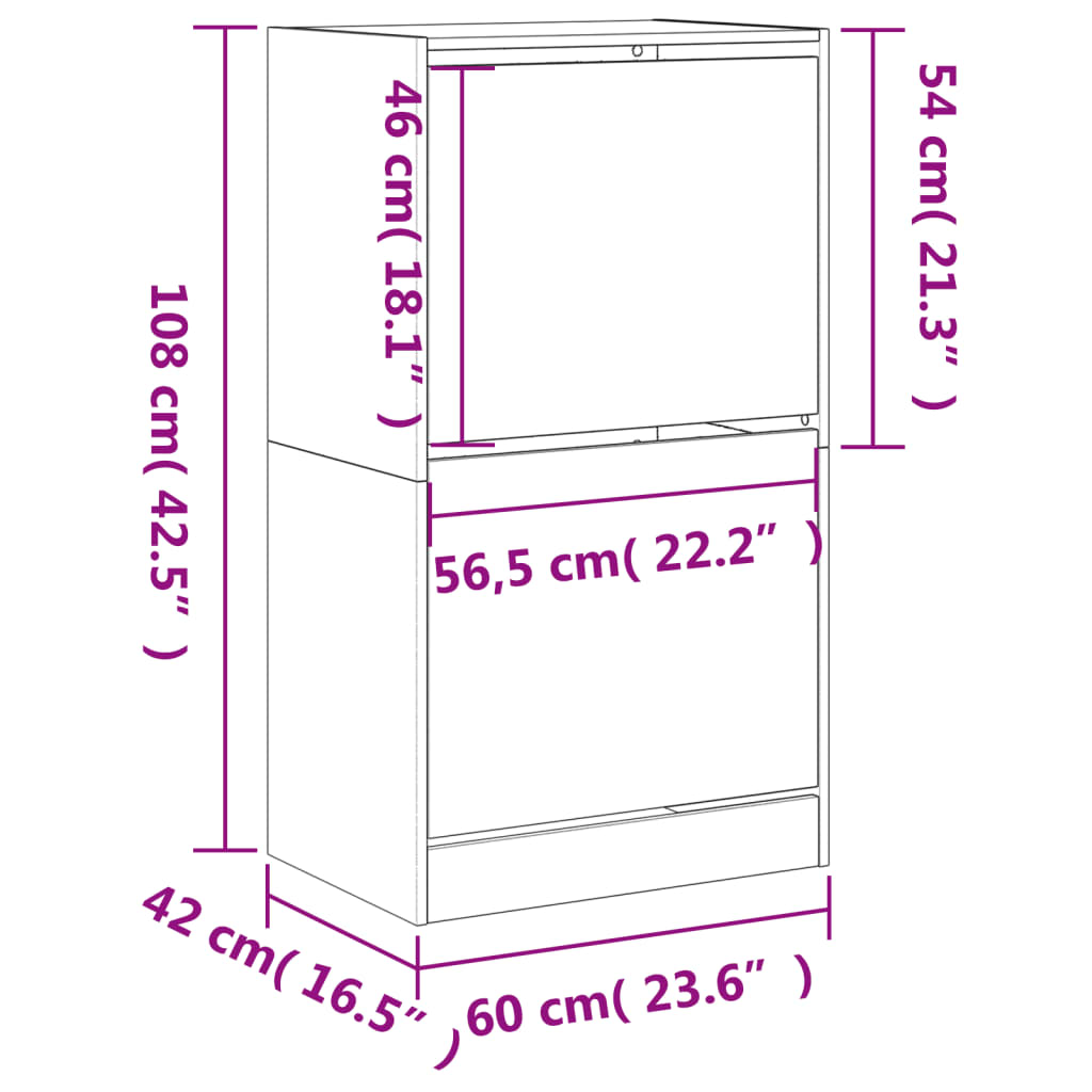 Shoe Cabinet with 2 Doors Concrete Grey 60x42x108 Cm