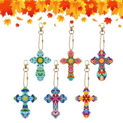 6 pièces Porte-clés Art Diamant Croix Kit Mosaïque Diamant Porte-clés Gemmes DIY Pendentif Strass Décoration de Noël Double Face Cadeau