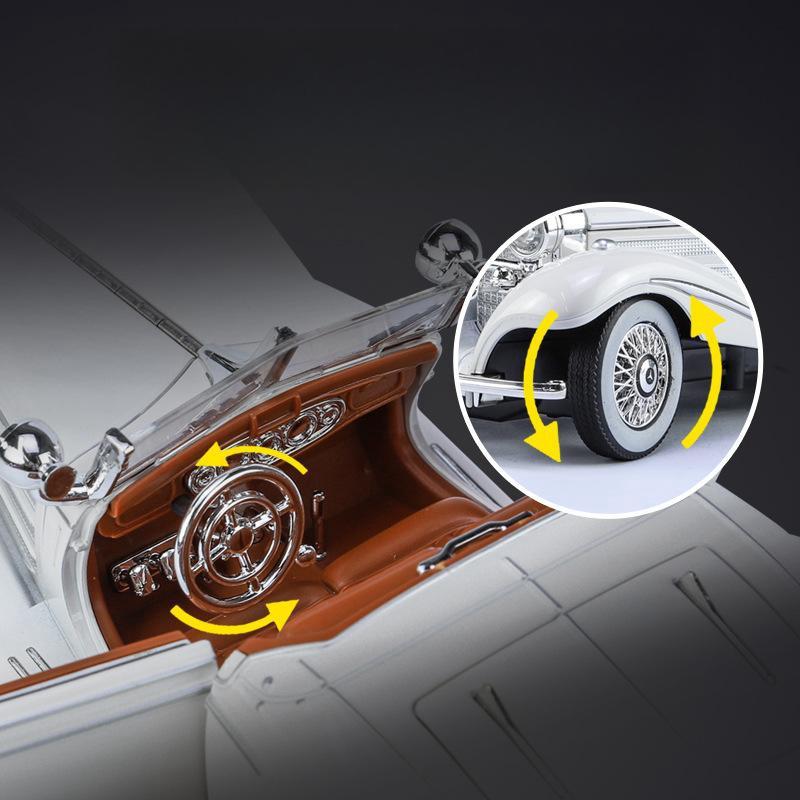 1/24 Mercedes-Benz 500K Classic Vintage Car Toy for Children Diecast Alloy Miniature Model Sound Light Collection Gift for Boys