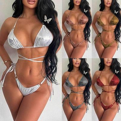 Women Sexy Glossy Triangle Split Bikini Suit Set Summer Tie Side G-String Thong Swimsuit Halter Lace Up Elastic Backless Bikini