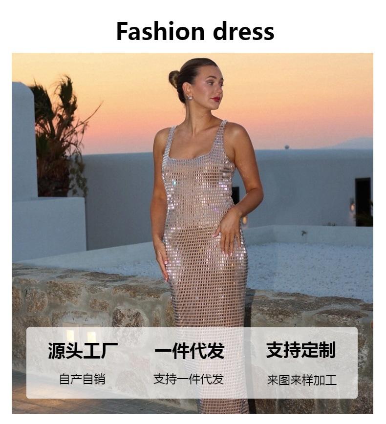Fashion European and American Women's Clothing Temperament Suspender Long Heavy Industry Hot Diamond Backless Banquet Dress