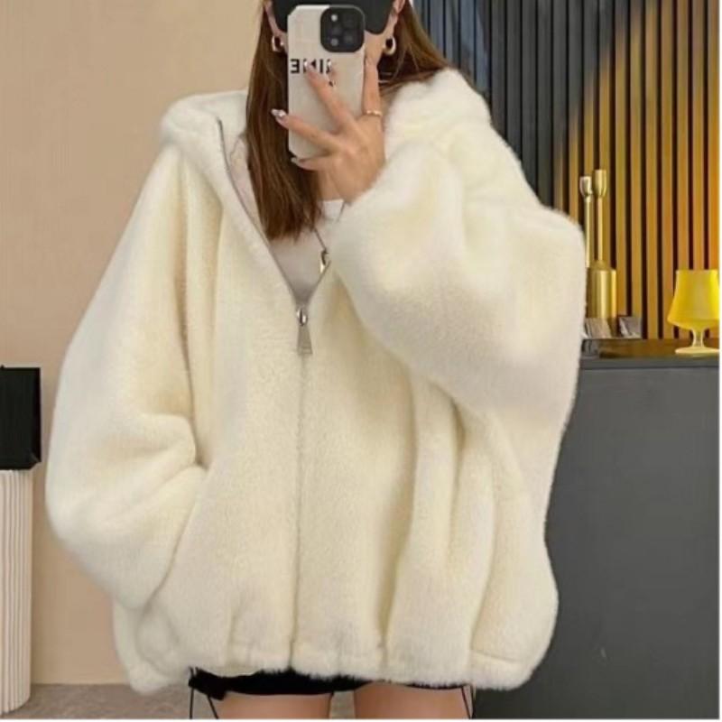 Women's Winter Fleece Hooded Jacket Solid Color Oversized Short-Sleeve Short-Length Jacket