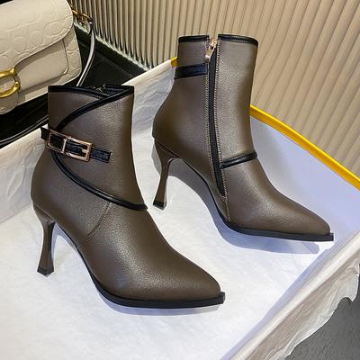 Nova Moda Botins Femininos de Primavera e Outono Pontiagudos Zíper Lateral Fivela de Pino Salto Alto Sapatos Botas Curtas Femininas