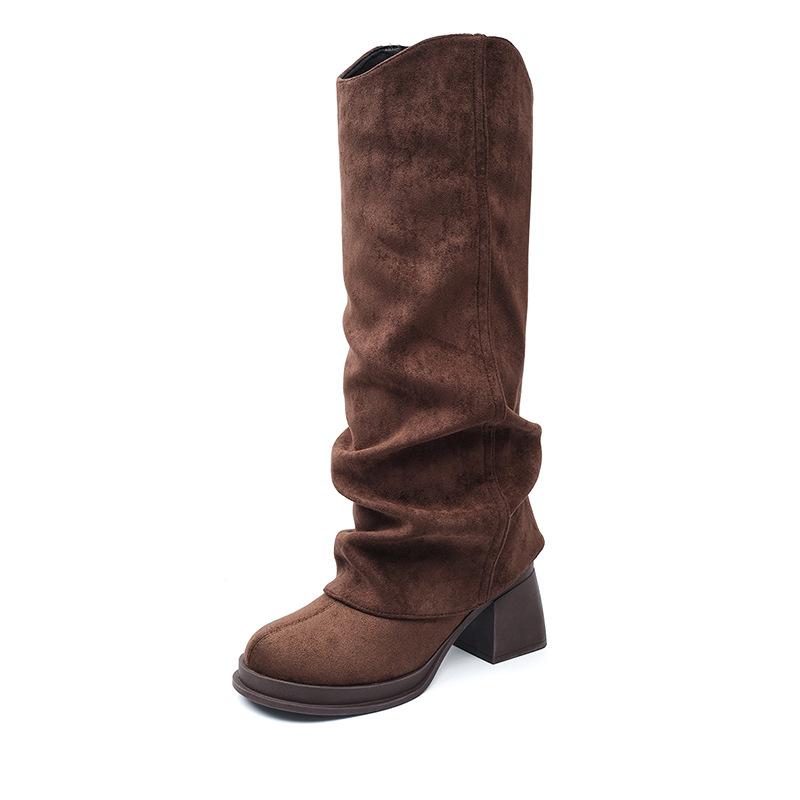 X702-F9 Autumn and Winter New 2025 Retro Suede Stacking Boots Coarse Heel High Heel Maillard Show Boots Women