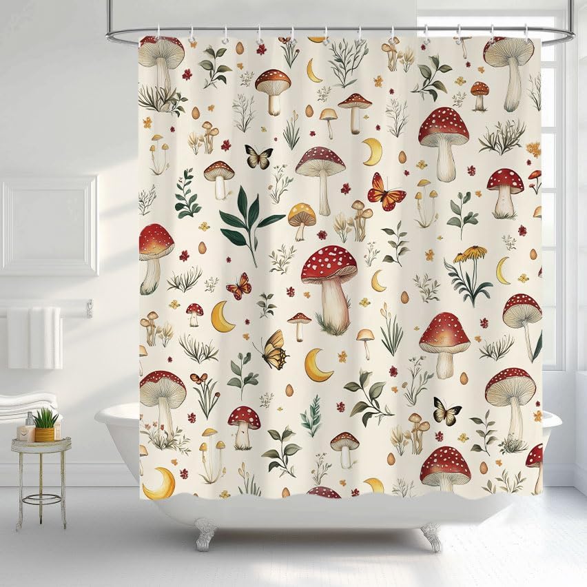 Mushroom Shower Curtain, Cute Funny Nature Botanical Plant Design Bath Curtains for Bathroom, Vintage Flower Butterfly Beige