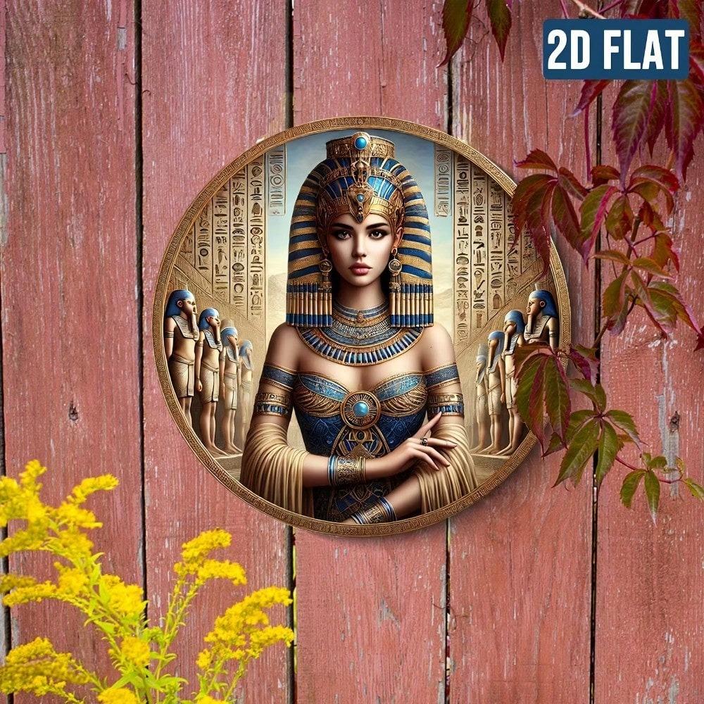 Vintage Ägyptische Königin Metall Wandkunst Rund 13 Zoll HD Gedrucktes Aluminiumschild Wasserdicht Retro Heimdekoration