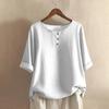Dames O-hals Blouse met Driekwartmouwen Losse Pasvorm Casual Katoen Linnen Top Effen Kleur Knopen Henley Top