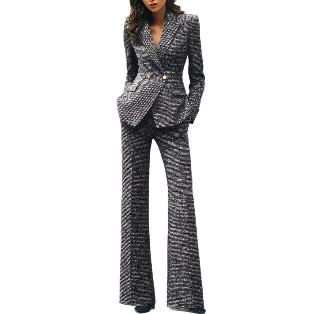 European and American professional set, elegant autumn/winter suit bell-bottom pants two-piece set, women's gray plaid formal wear set