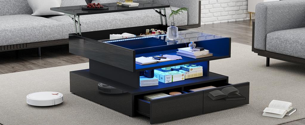 80*80*45cm Height-Adjustable Coffee Table with Hidden Storage and 2 Drawers, LED Lights, High-Gloss, Made of Tempered Glass, Black