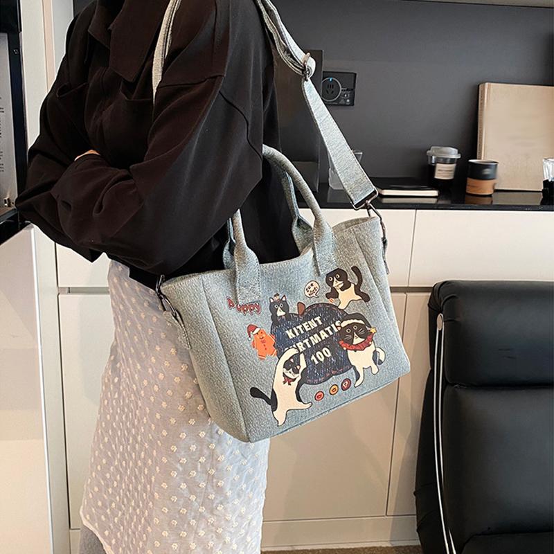 2025 New Trendy Cartoon Cat Print Denim Bucket Bag Versatile Casual Commuter Large Capacity Crossbody Shoulder Bag for Women