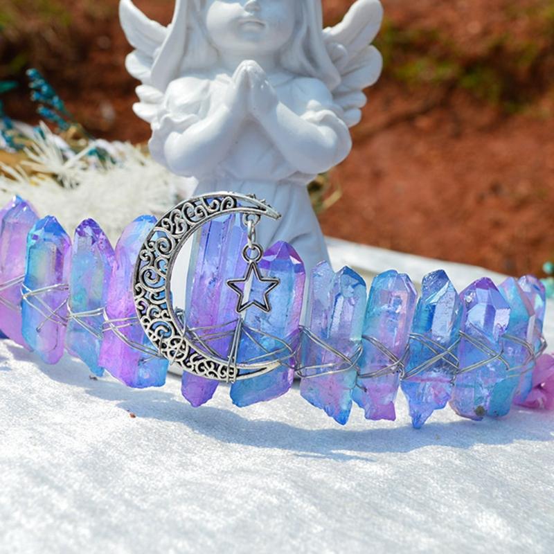 Queen Crown Headbands Natural Crystal Hairbands Women's Handmade Hair Accessories for Wedding Moon Witch Party Costumes
