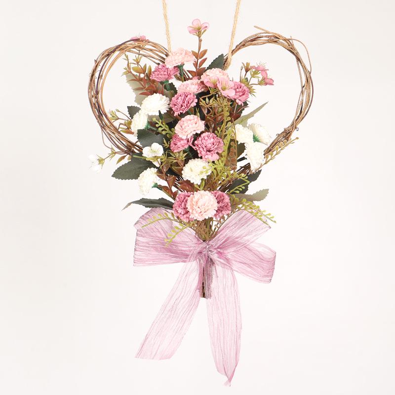 Heart-Shaped Ribbon Wreath with Artificial Carnations for Mother's Day Wall Decor