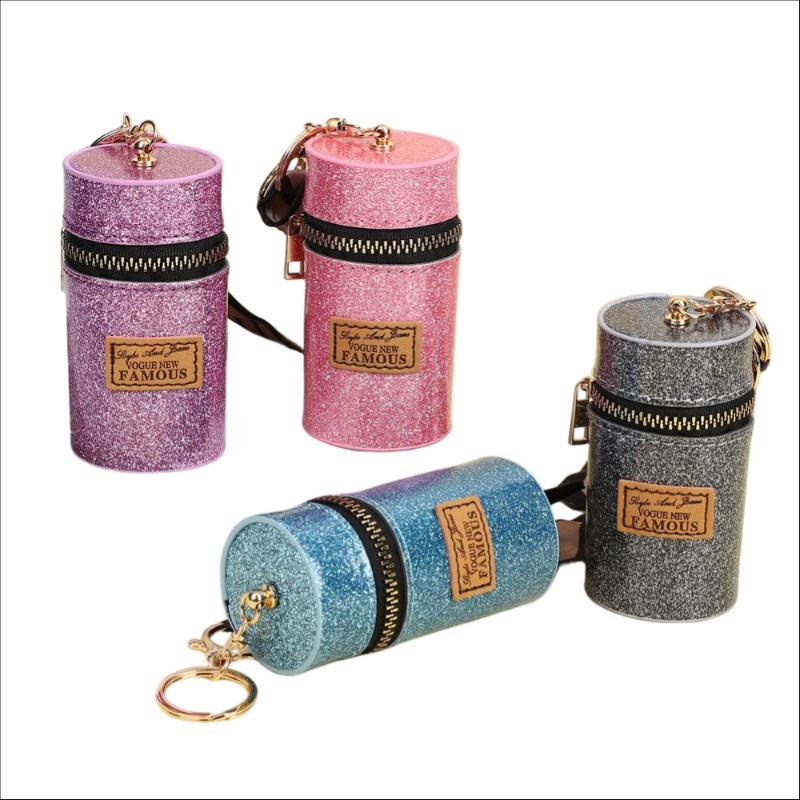 Trendy Glitter Cylindrical Coin Purse Mini Lipstick Pouch With Scarf Keychain Portable Earphone Storage Bag For Women Gifts