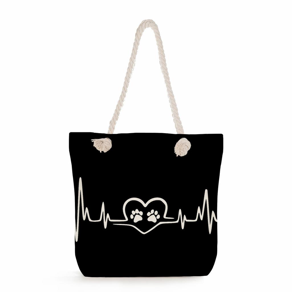 Multifunctional Dog Paws Printed Thick Rope Shoulder Beach Bag Casual Large Capacity Handbag 7601
