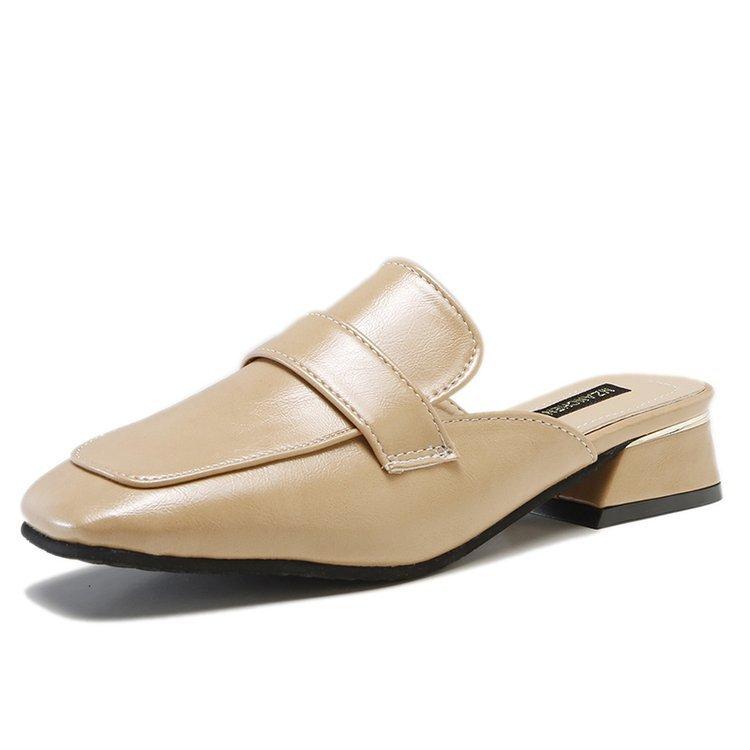 Half Slippers Women's 2025 Summer New Bag Head Leather Splicing Breathable Middle Heel Ladies Slippers Square Head