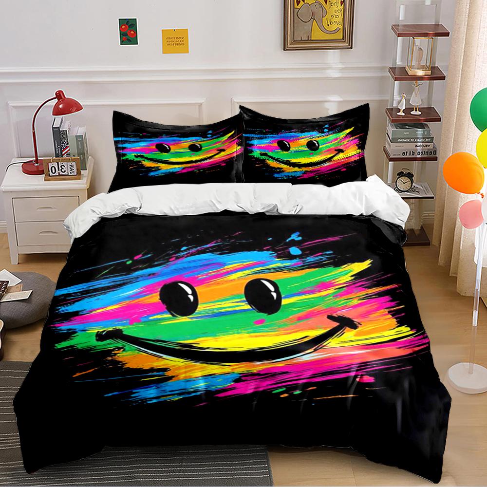 Colorful Smiley Face Bedding Set Black Bedding set (1 duvet cover, 2 pillowcases, duvet not included) 135x200cm