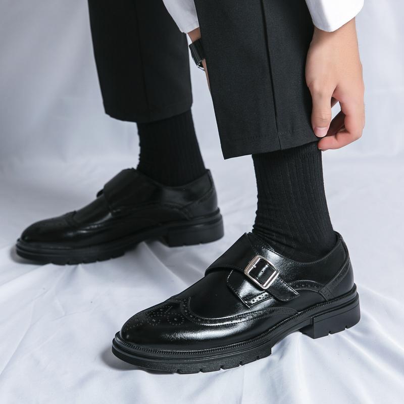 Fashionable Block Leather Shoes Spring/Summer Men Business Dress Buckle Thick Sole Increase Comfortable Round Head Leather Shoes