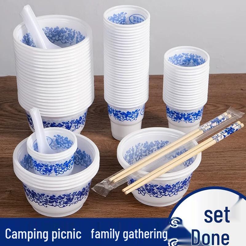 OEING Disposable Blue & White Dinnerware Set