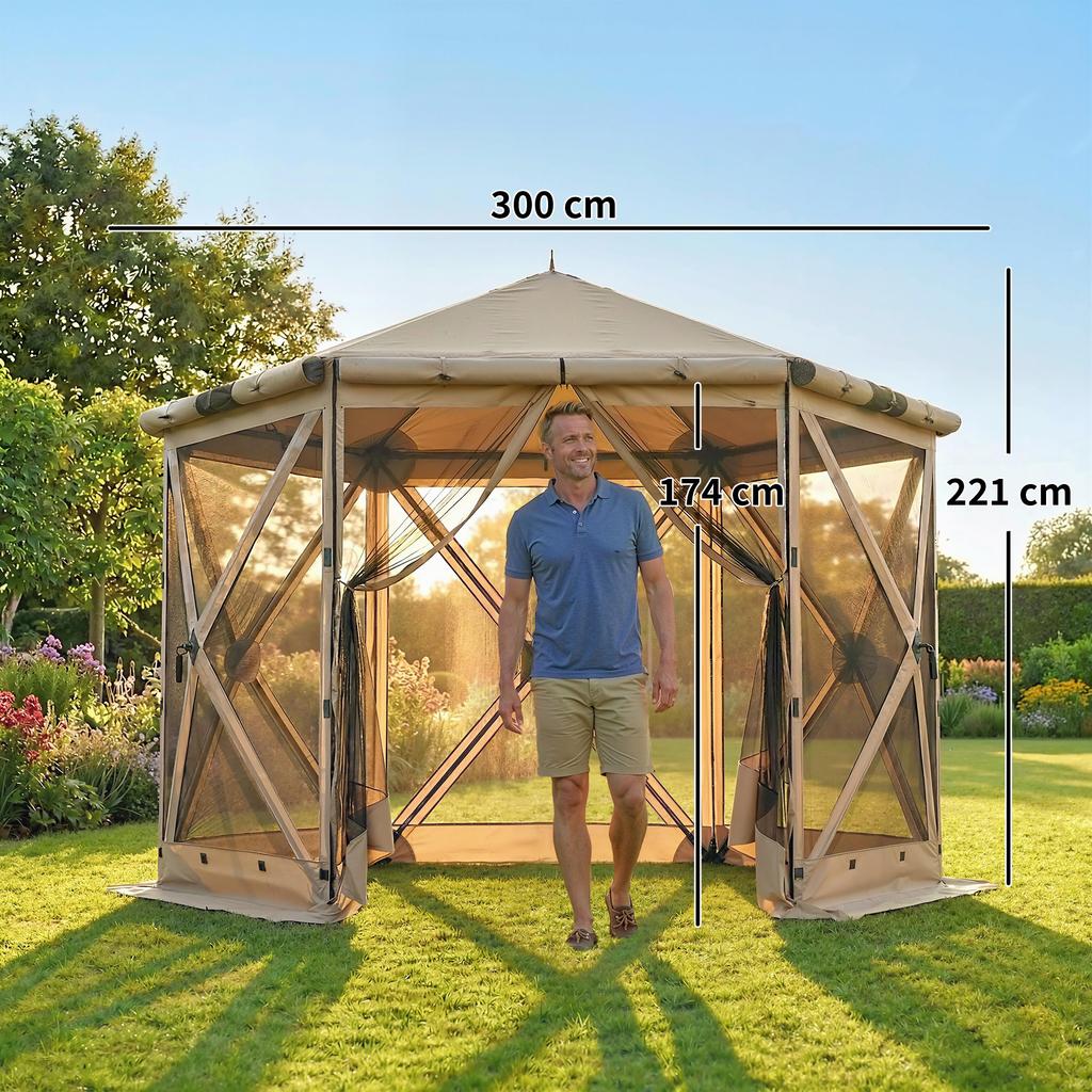 3 m x 2.6 m Hexagonal Gazebo with 6 Sides and Carry Bag, Waterproof, UV-Resistant, Party Tent