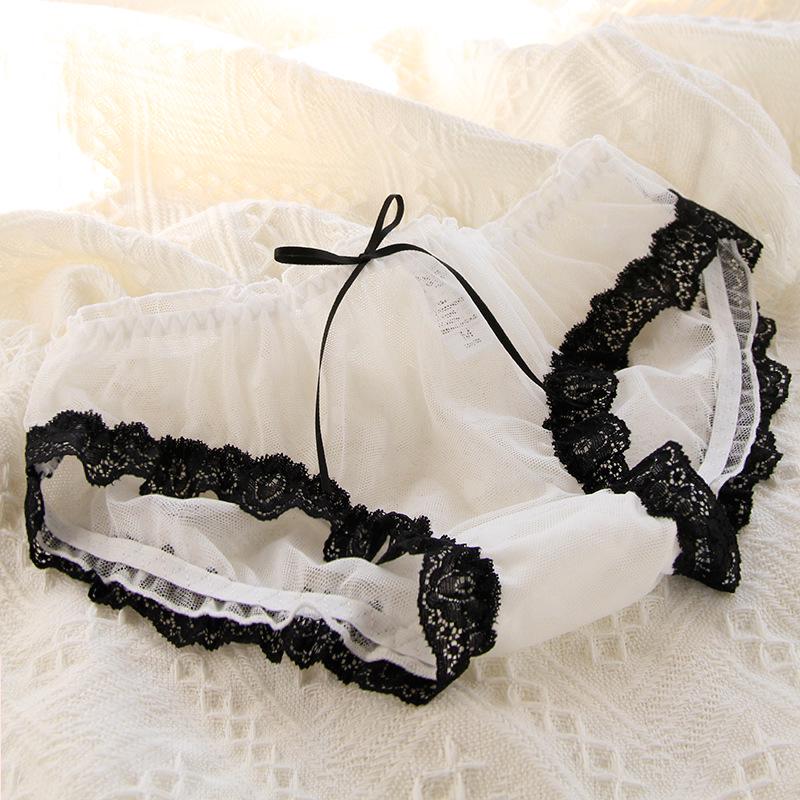 Women's Mid-Waist Lace Mesh Panties with Black Edge and Bow