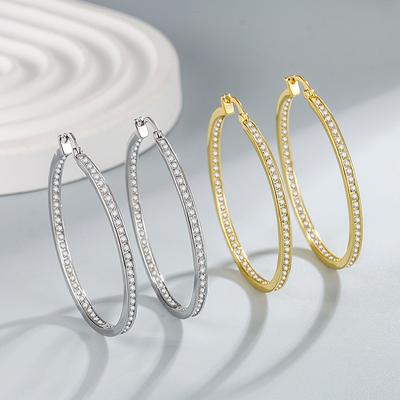 18K Large Circle Design Ear Buckle Personalized Fashion Light Luxury Style Slightly Inlaid With Diamond Earrings