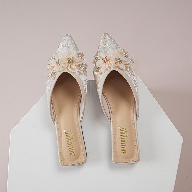 

Модные женские шлепанцы lae flower от известного дизайнера с острым носком, вышивкой, летняя обувь, женская, с кристаллами, цветочная обувь, большой размер 43 38 абрикосовый