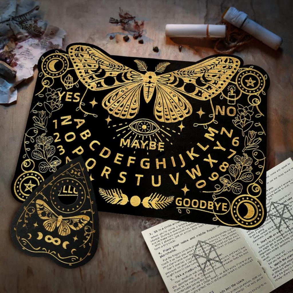 Wooden Spirit Board Kit Tarot Card Stand Holder Moth Divination Board Set with Planchette Black Altar Card Display Stand Rectangle Talking Board