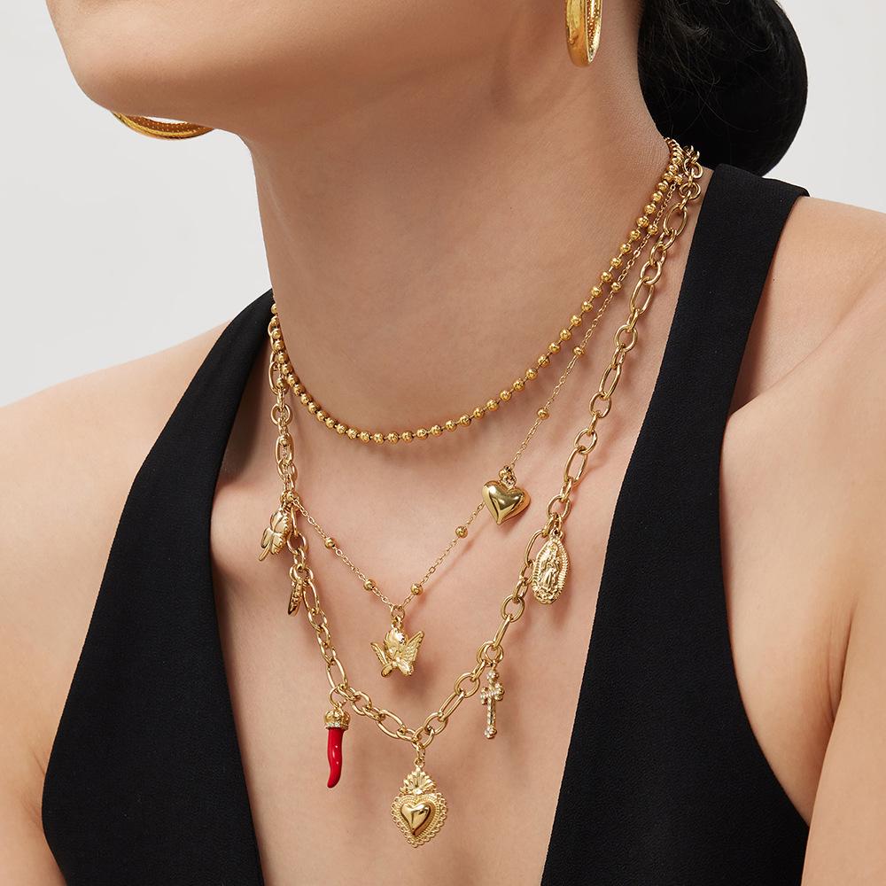 European Luxury Heart Multi-Pendant Double Layer 18K Gold-Plated Stainless Steel Necklace
