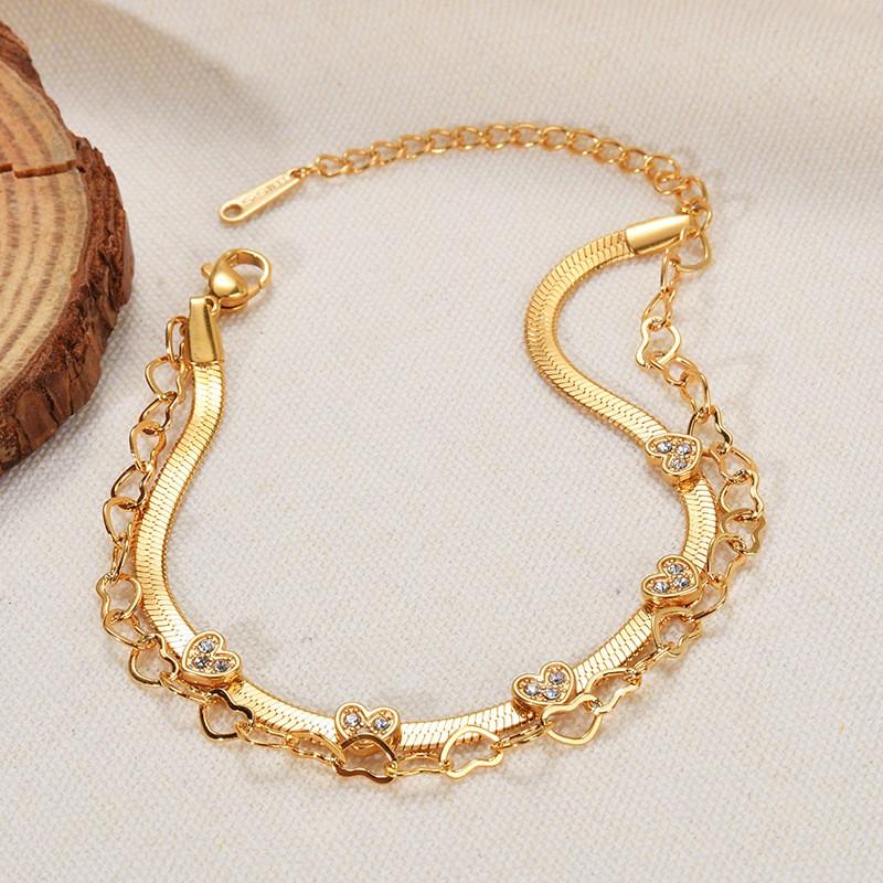 Double Layer Titanium Steel Gold Plated Heart Butterfly CZ Crystal Bracelet Women Fashion Chain Jewelry