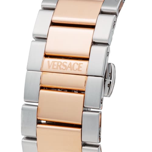 Versace Men's Sporty Tonneau Greca Watch (VESP00624) with Quartz Movement, Water Resistant, Sapphire Crystal, Silver/Pink Gold Dial, and Stainless Ste