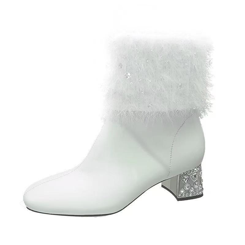 Women's Short Boots 2025 New Water Diamond Fur Coarse Heel High Heels Fashion Square Head with Velvet Thick Bottom Midsole Boots