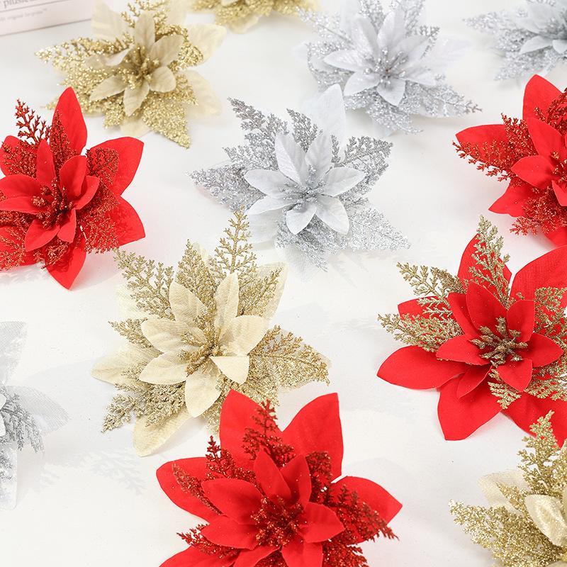 Simulation Christmas Flower Ornament Xmas Tree Silk Cloth Flower Hanging Pendant Merry Christmas Noel Gift Happy New Year 2027