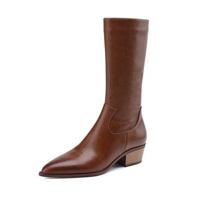 Cow Leather Winter Pointed Toe Thick Med Heels Western Boots Women Zipper Retro Vintage Mid-calf Boots