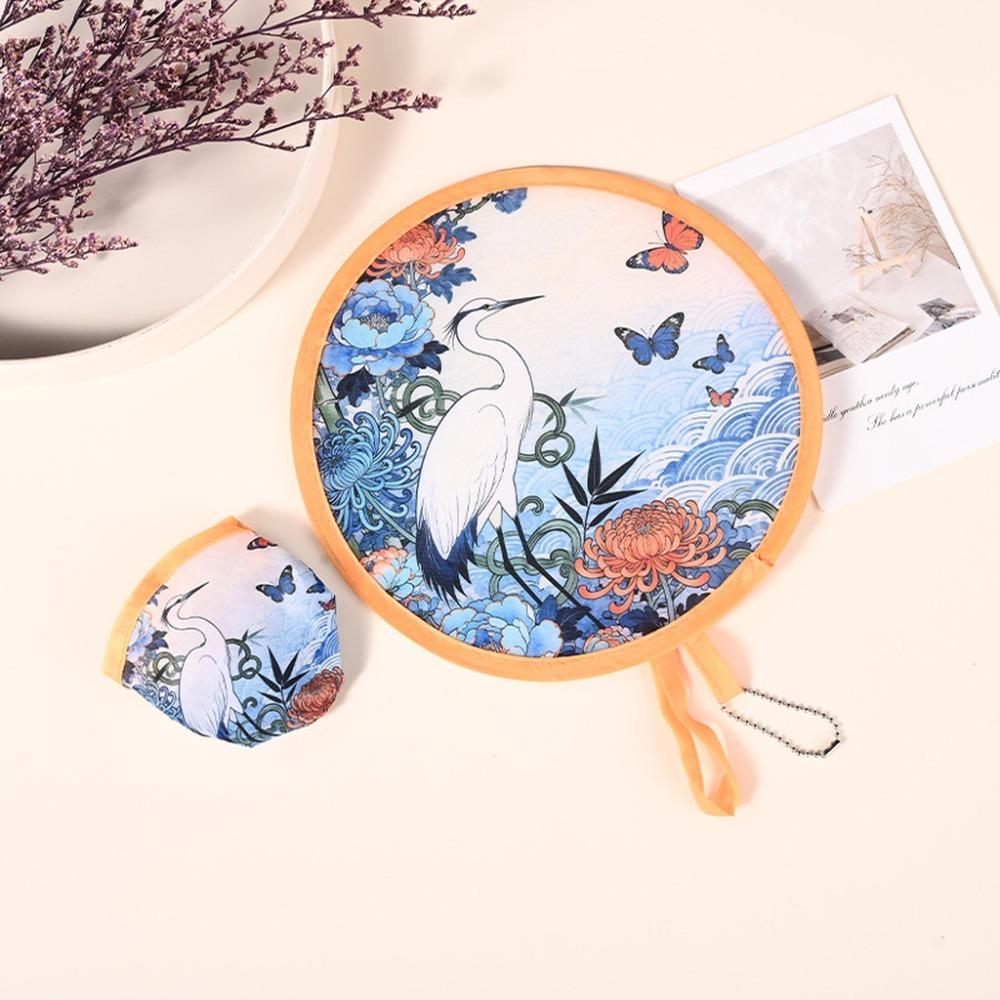 Japanese Oil Painting Portable Cooling Fan Polyester Round Handheld Fan  Campus Travel