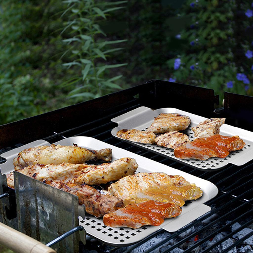 Sturdy Stainless Steel Grill Pans For Outdoor BBQ With Perforated Design And Handles Ideal For Vegetables Fish Meat