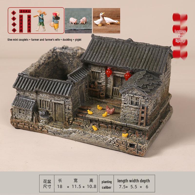 Retro Farmhouse Courtyard Miniature: Nostalgic Desktop Bonsai Decor for Living Room